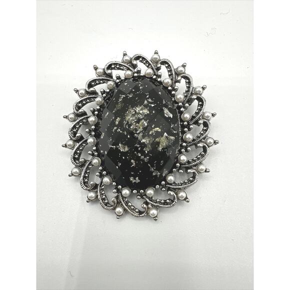 Vintage Stone & Faux Pearl Silver Brooch,  Black, J-01-19 - Picture 1 of 11